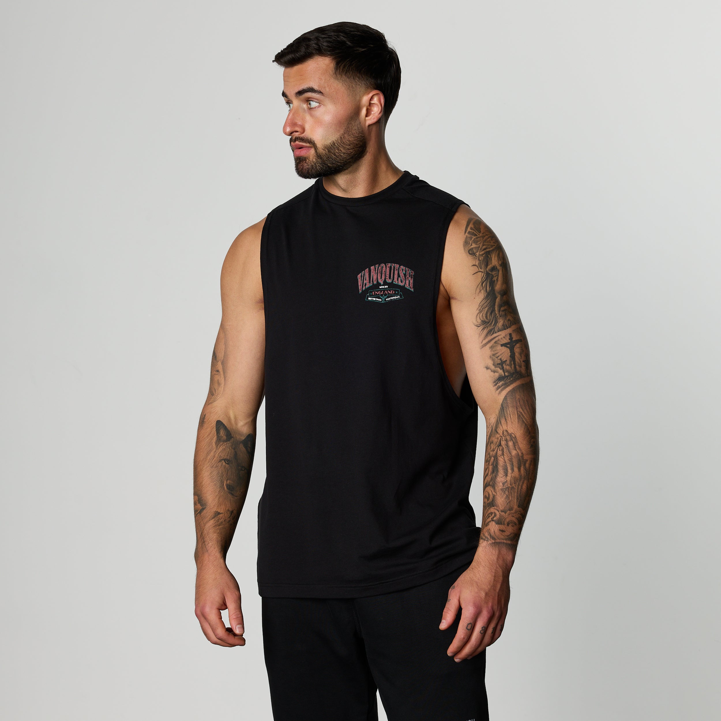 CONQUEST BLACK SLEEVELESS T SHIRT