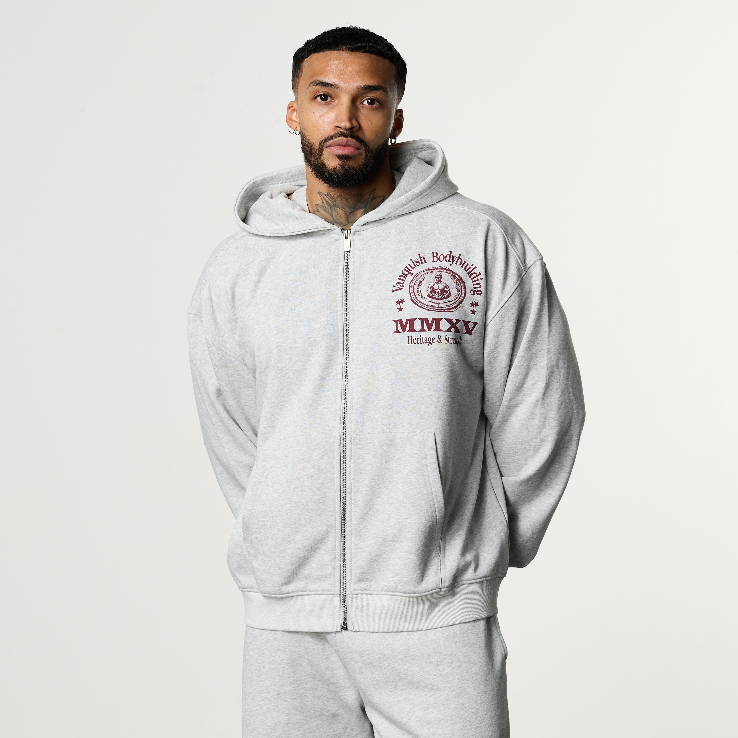 HERITAGE AND STRENGTH GREY OVERSIZED ZIP HOODIE