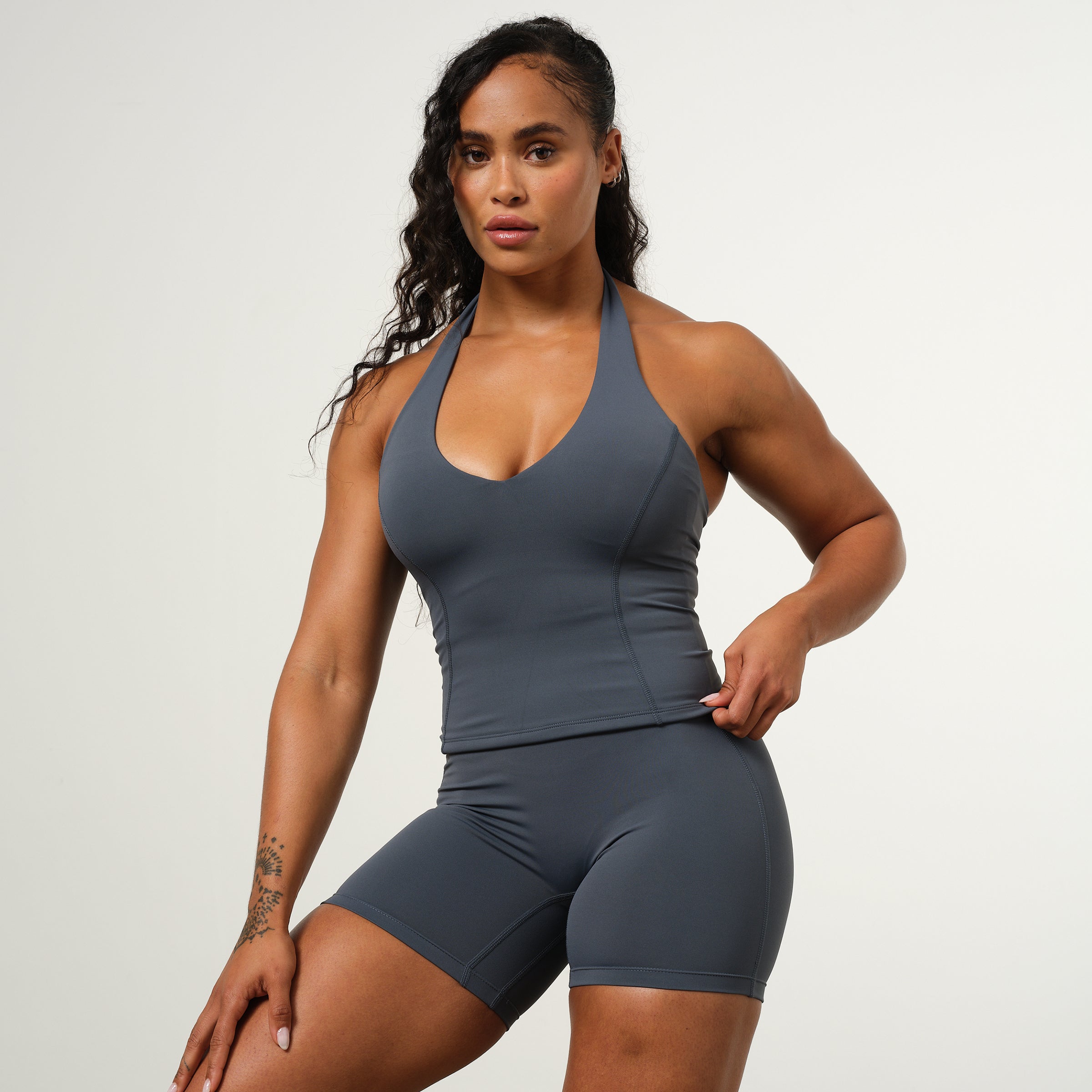 VANQUISH ENHANCE STEEL BLUE HALTER NECK TOP