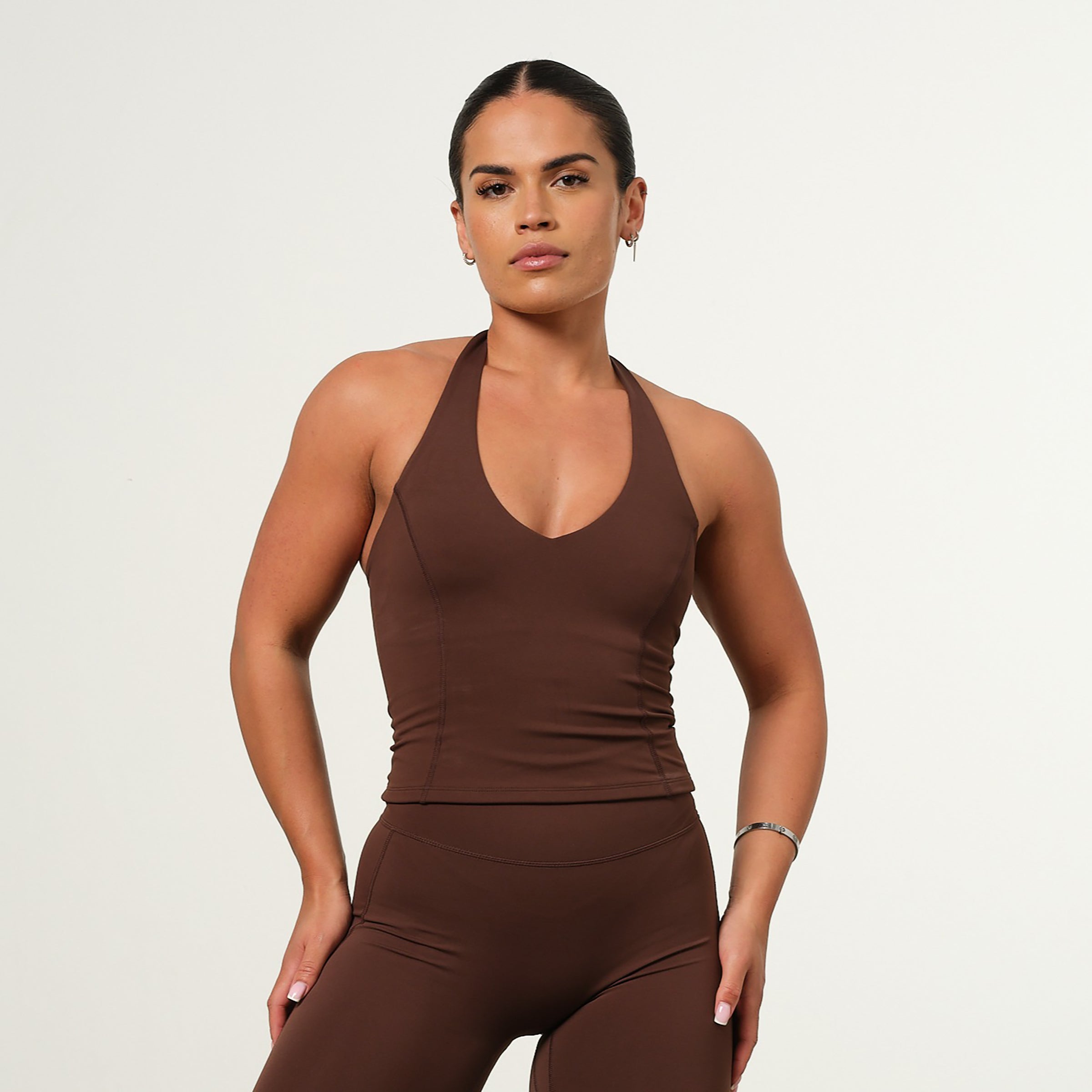 VANQUISH ENHANCE COFFEE BROWN HALTER NECK TOP