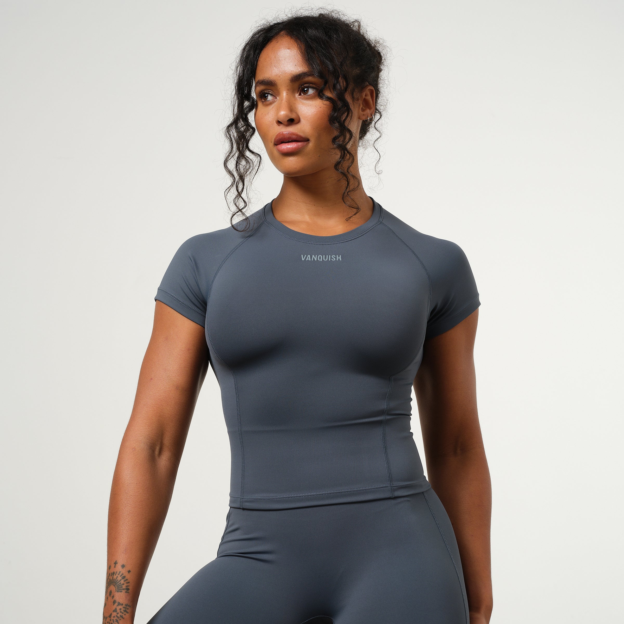 VANQUISH ENHANCE STEEL BLUE MIDI CAP SLEEVE T SHIRT
