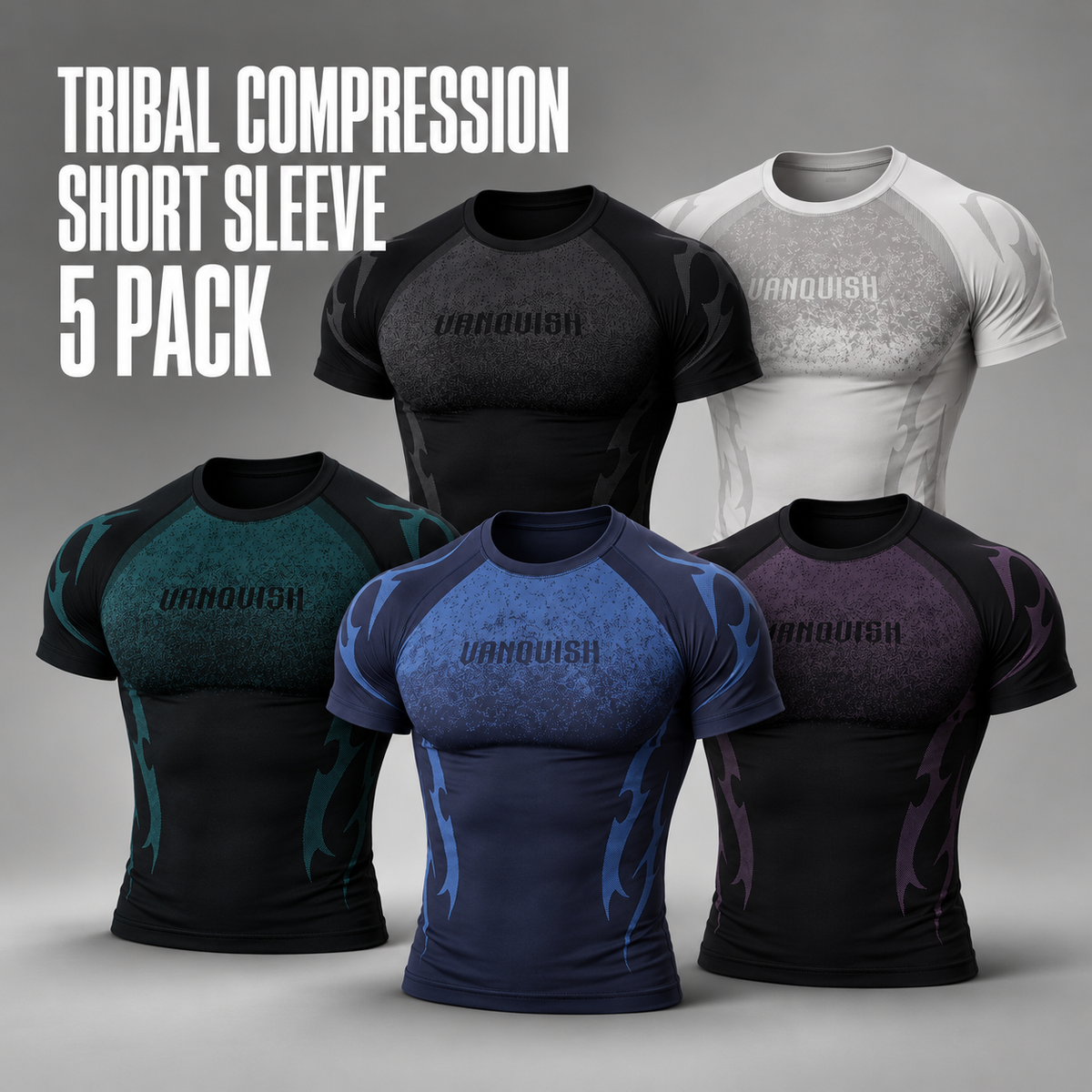 Tribal Compression Short Sleeve Multi 5 Pack - Black, Navy, Grey, Purple, Green