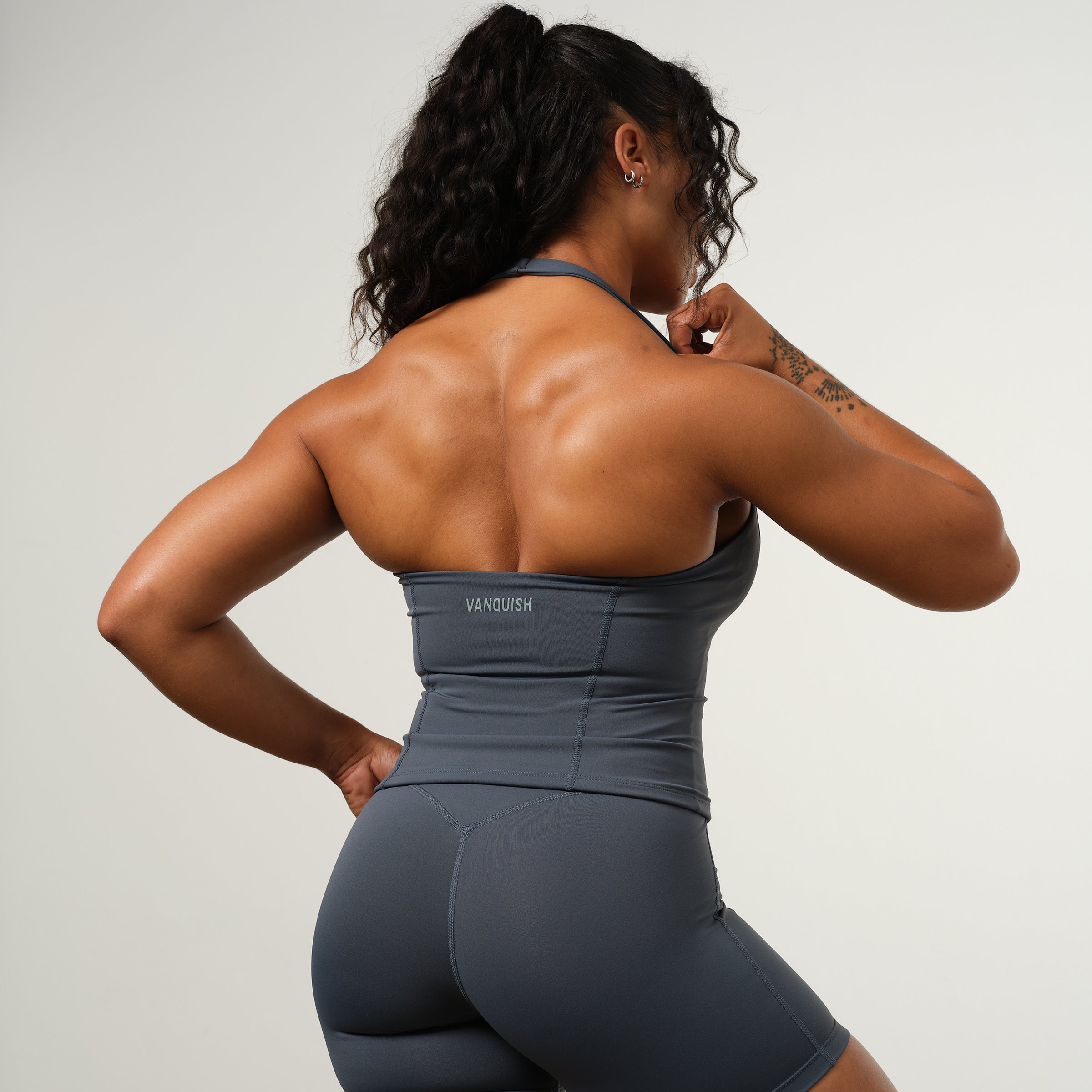 VANQUISH ENHANCE STEEL BLUE HALTER NECK TOP