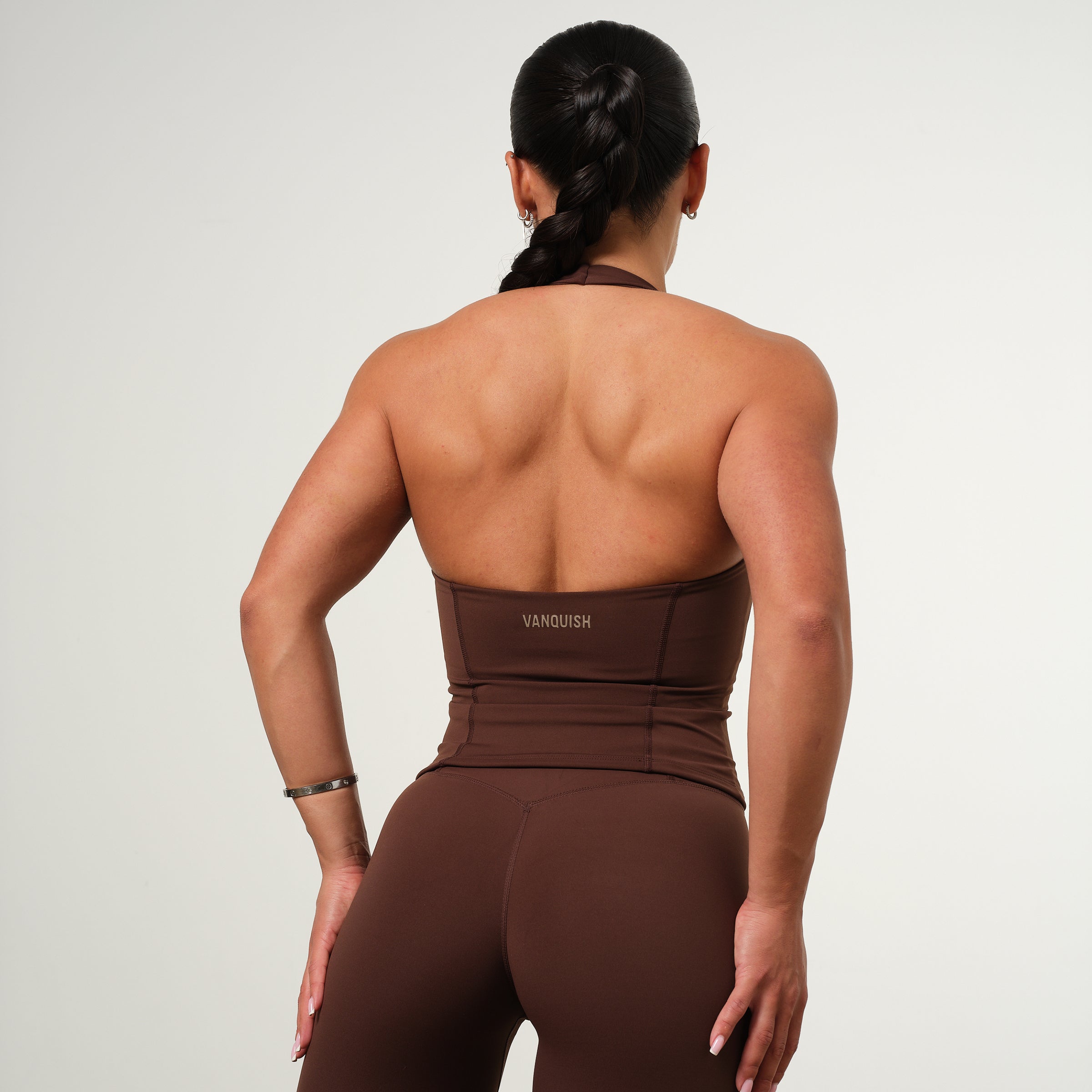VANQUISH ENHANCE COFFEE BROWN HALTER NECK TOP