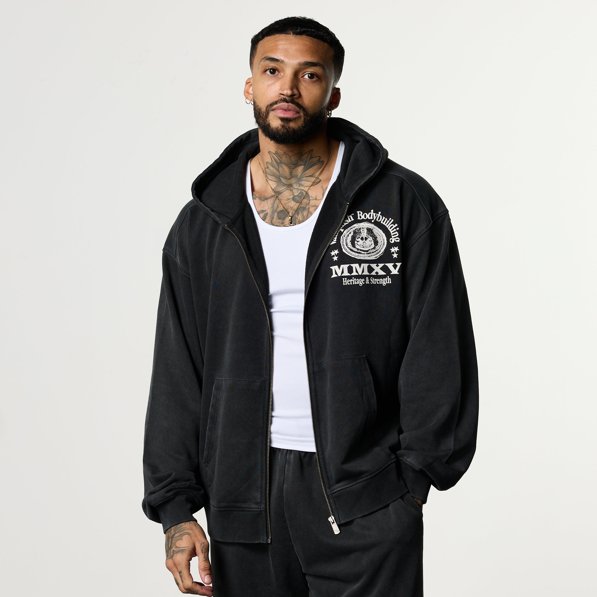 HERITAGE AND STRENGTH BLACK OVERSIZED ZIP HOODIE