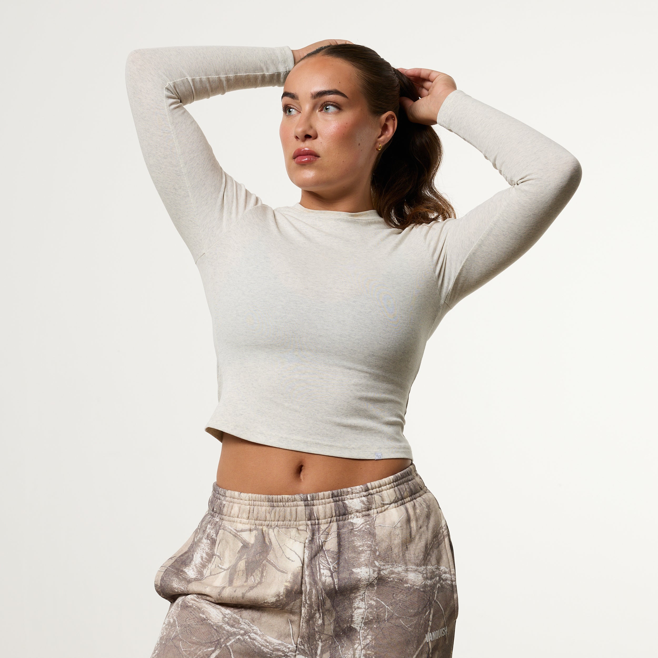 WOMENS NEUTRAL MIDI LONG SLEEVE RIBBED T SHIRT