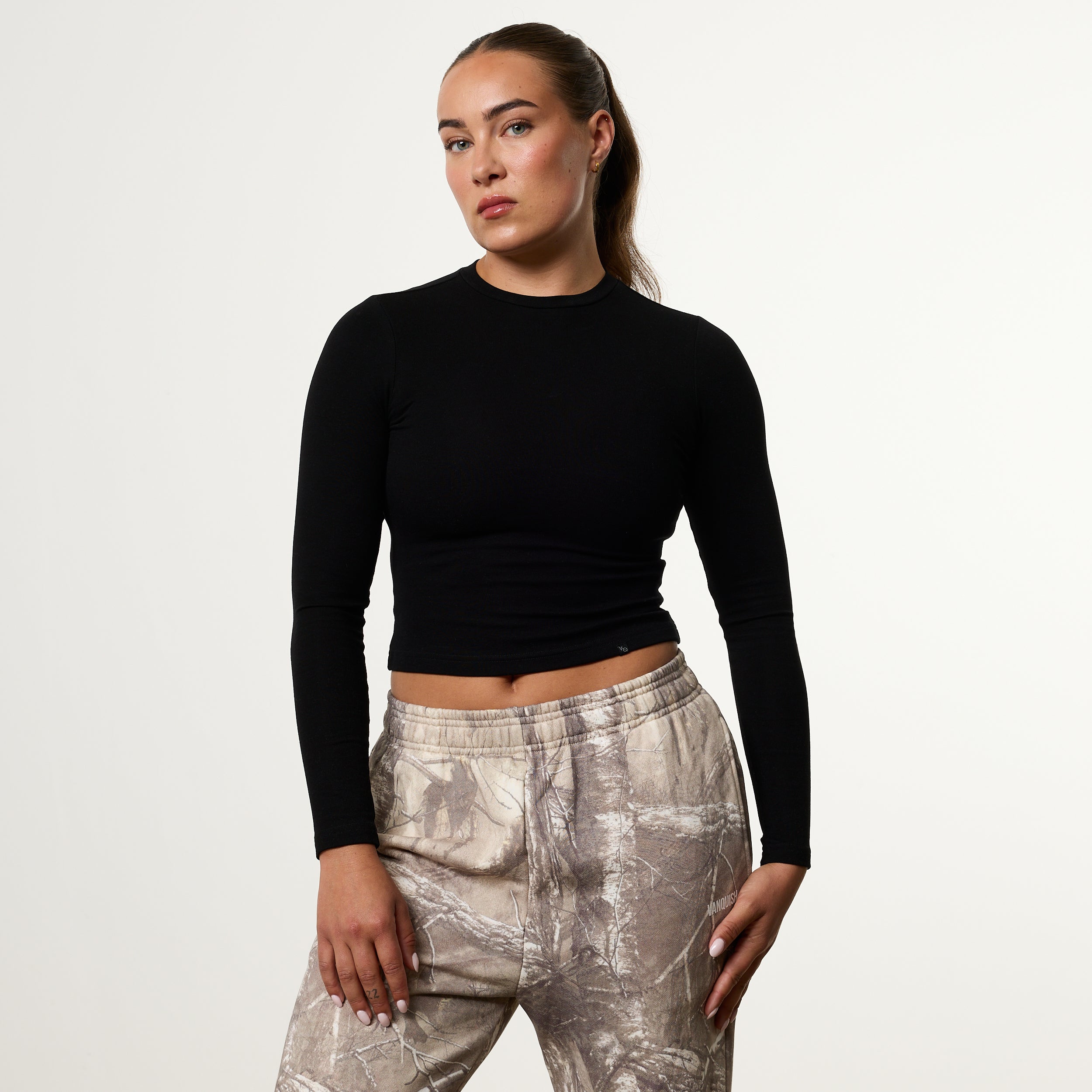 WOMENS BLACK MIDI LONG SLEEVE RIBBED T SHIRT