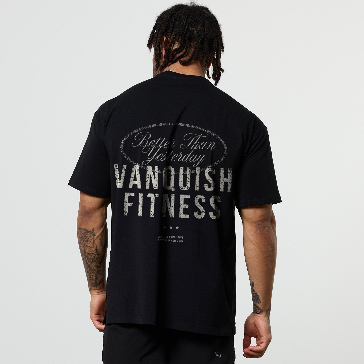 Vanquish – Schwarzes, übergroßes T-Shirt „London 2023“ mit Distressed-Print