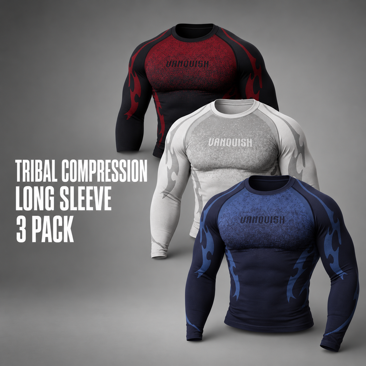 Tribal Compression Long Sleeve Multi 3 Pack - Black/Red, Navy, Grey
