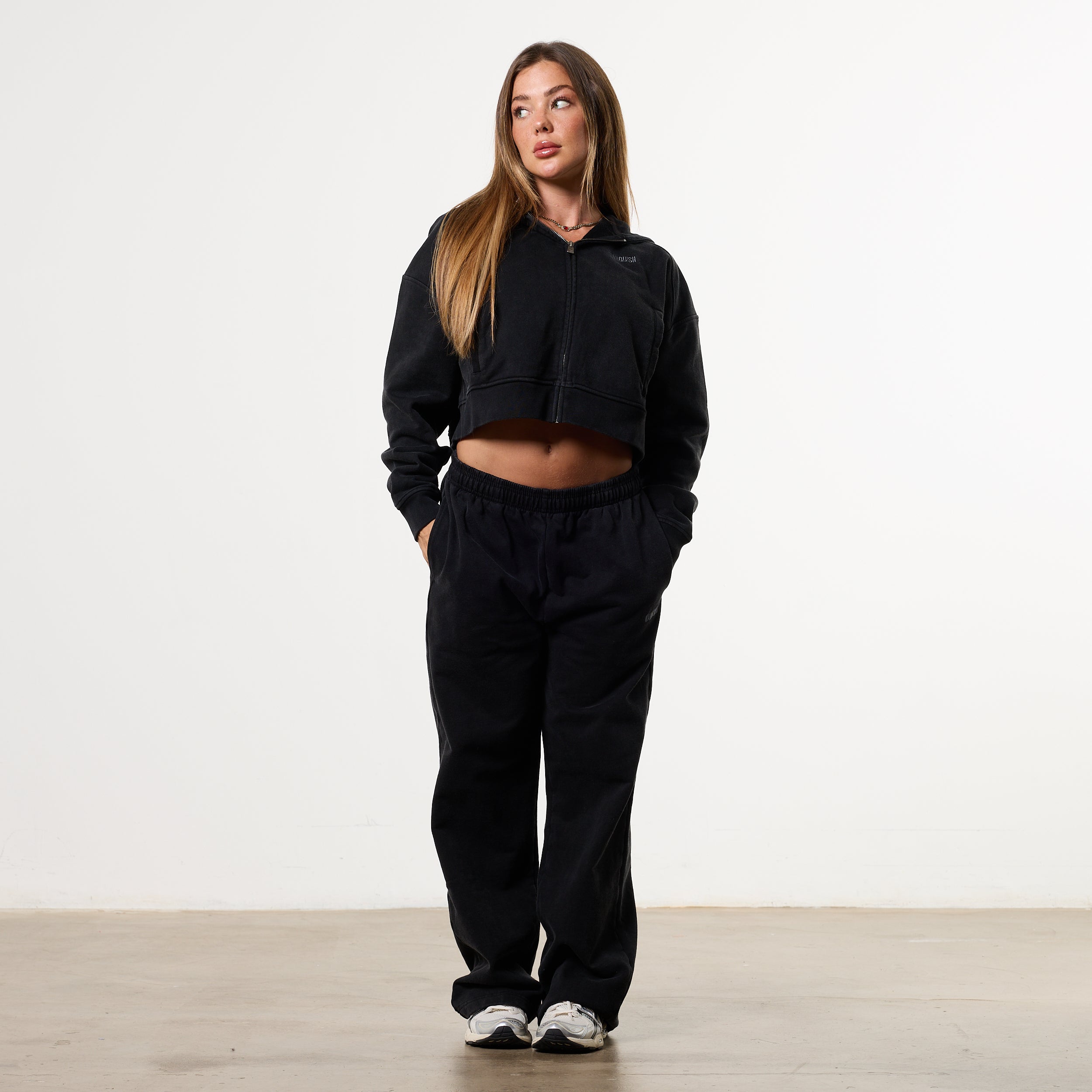 WOMENS WASHED BLACK HEAVY WEIGHT OVERSIZED ZIP HOODIE