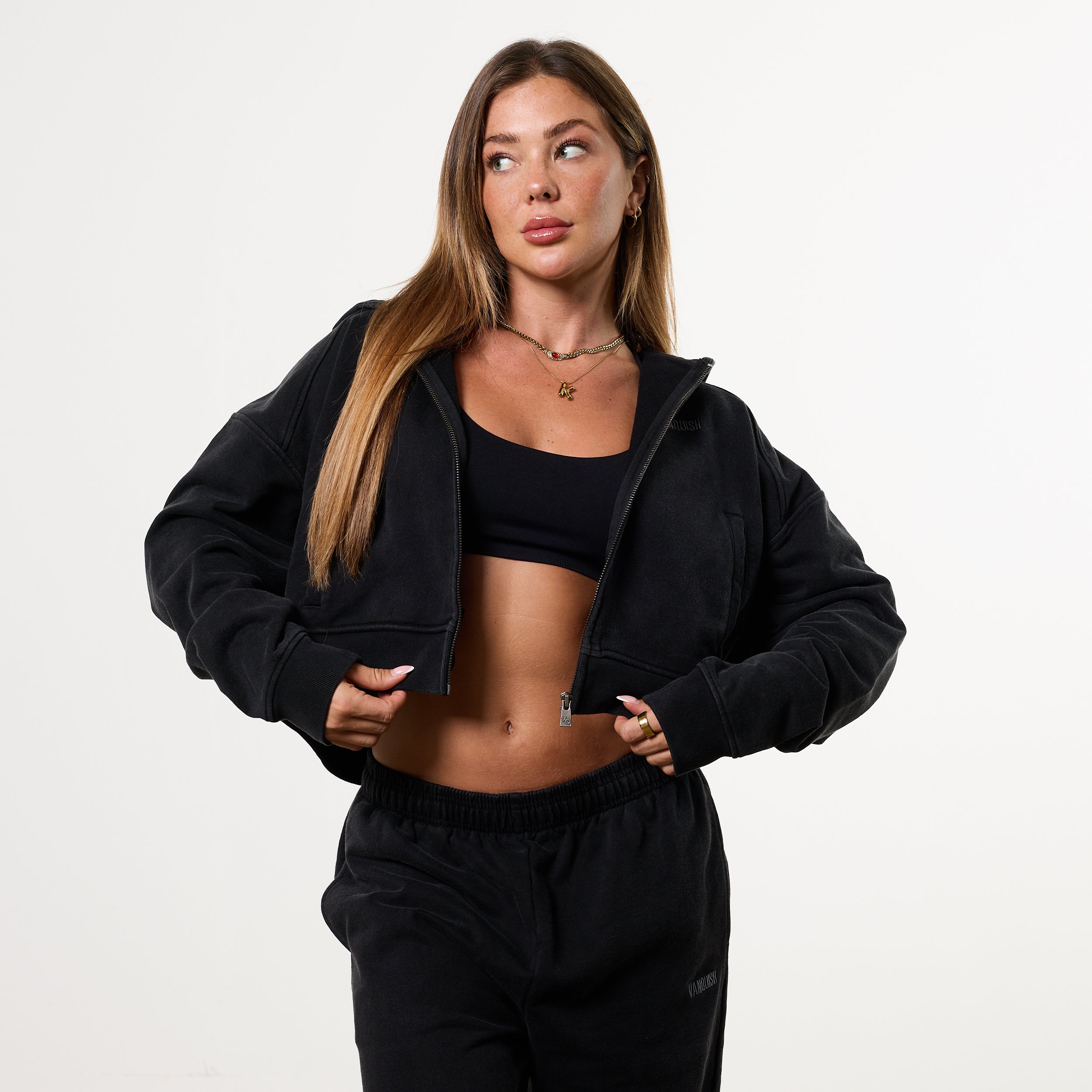 WOMENS WASHED BLACK HEAVY WEIGHT OVERSIZED ZIP HOODIE