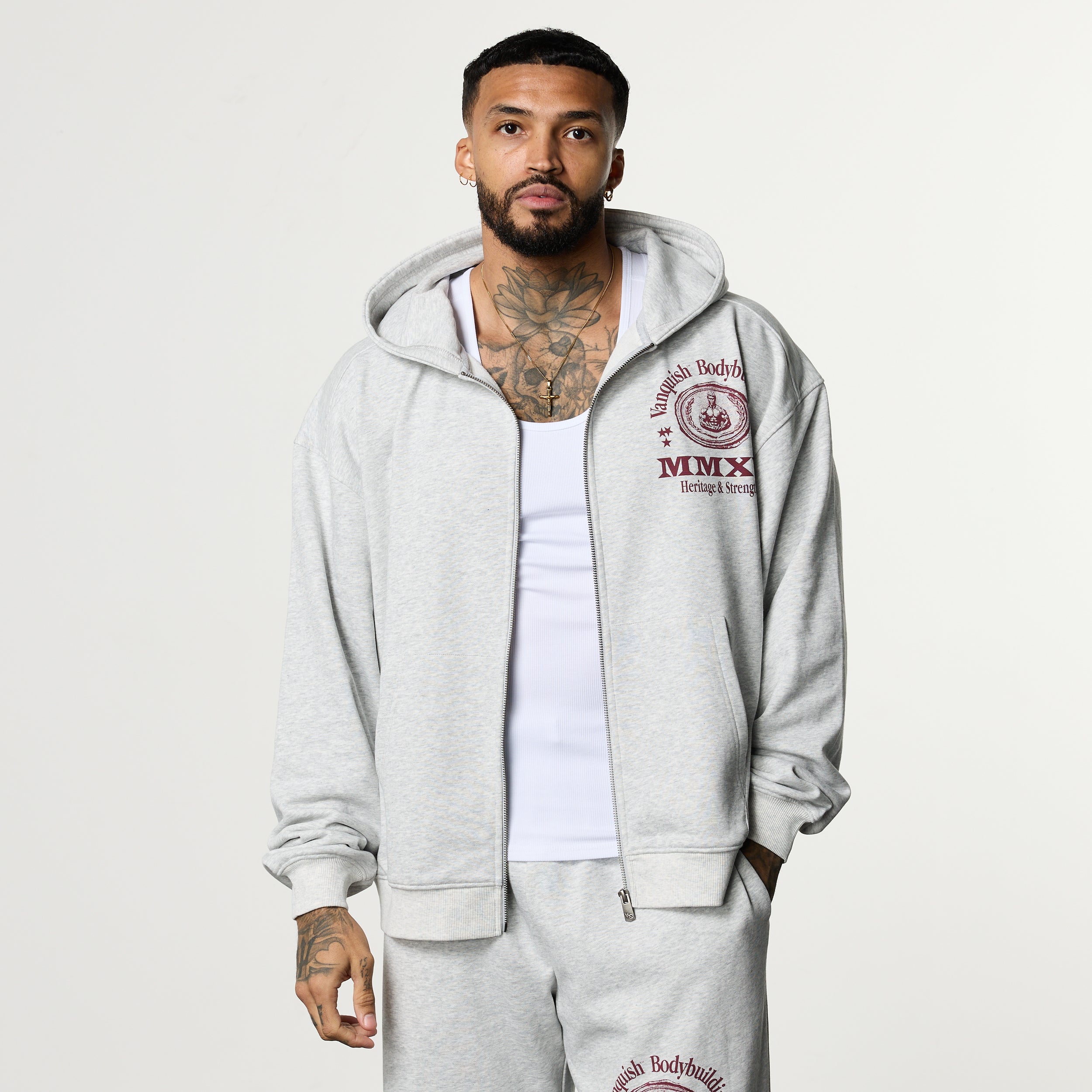 HERITAGE AND STRENGTH GREY OVERSIZED ZIP HOODIE