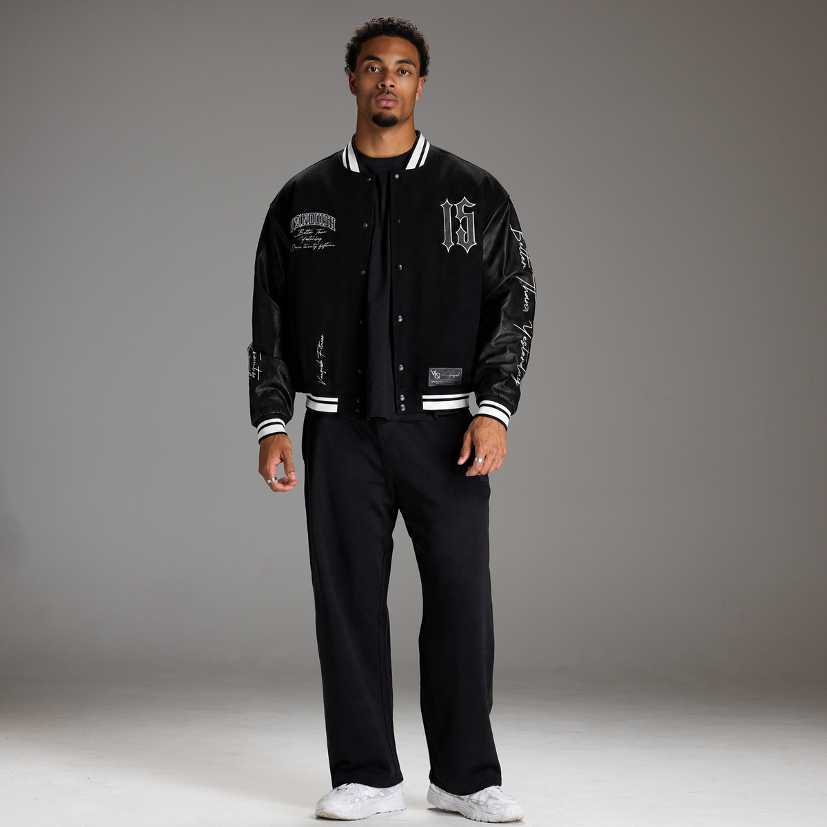 VARSITY BLACK OVERSIZED BOMBER JACKET