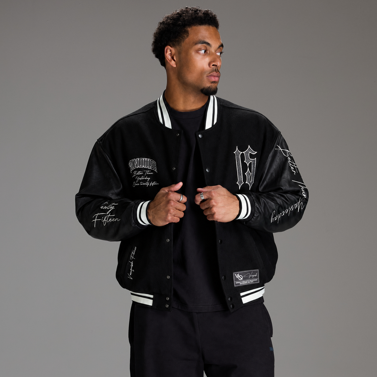 VARSITY BLACK OVERSIZED BOMBER JACKET
