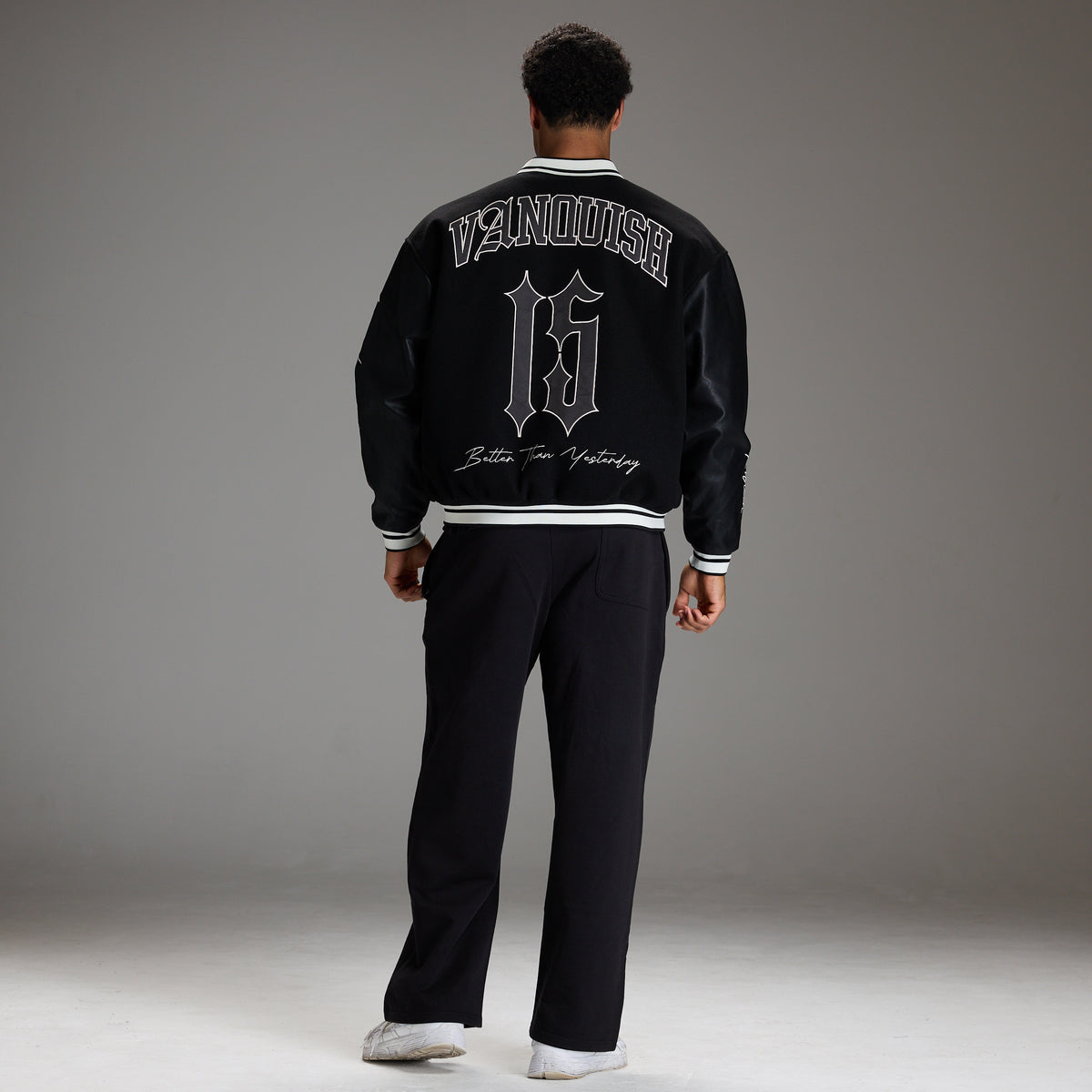 VARSITY BLACK OVERSIZED BOMBER JACKET