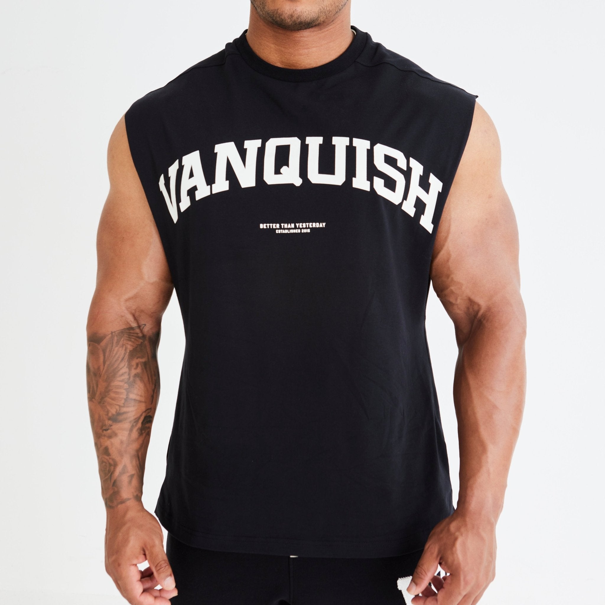 Vanquish Black Varsity Oversized Sleeveless T Shirt - Vanquish Fitness