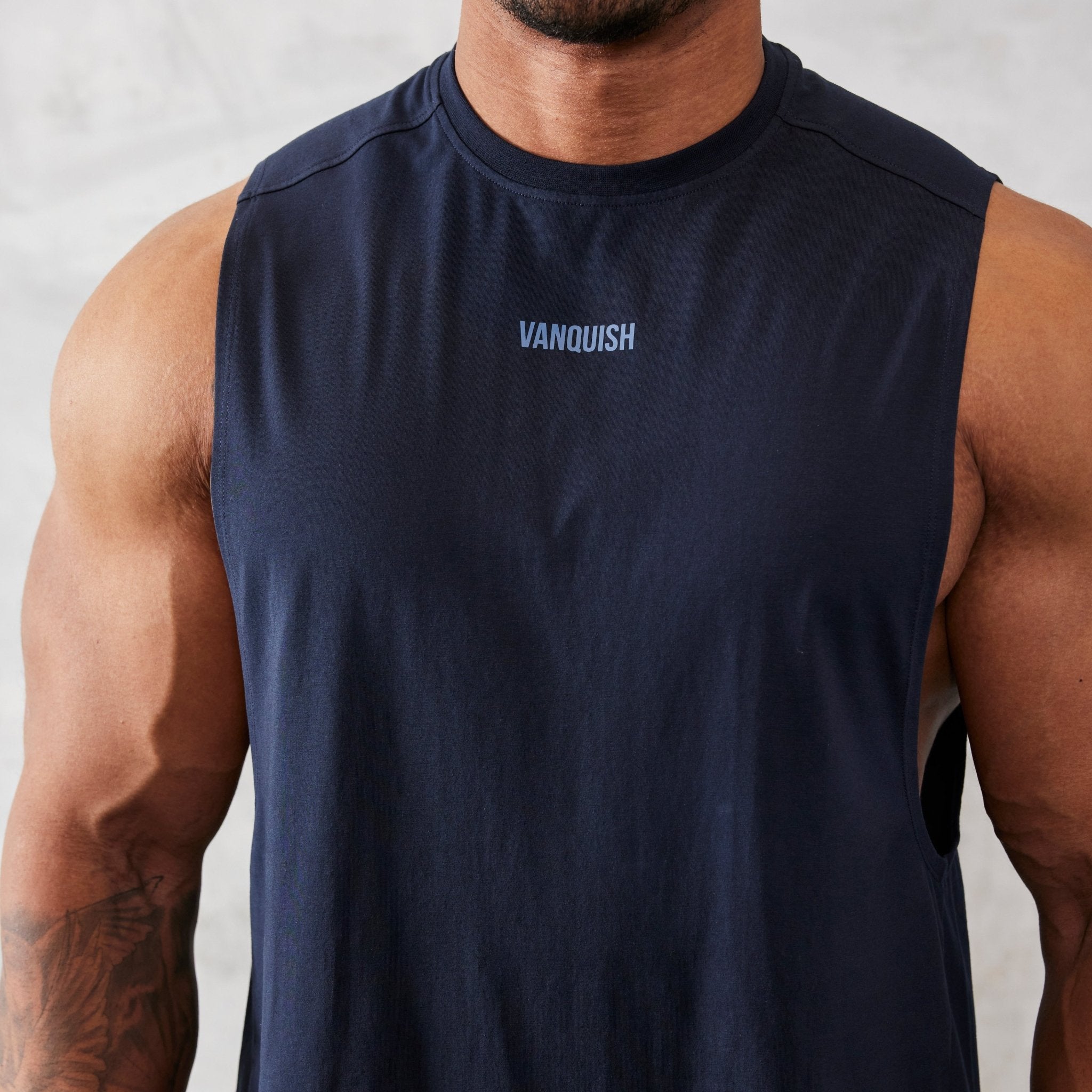 Vanquish Essential Navy Blue Oversized Sleeveless T Shirt - Vanquish Fitness