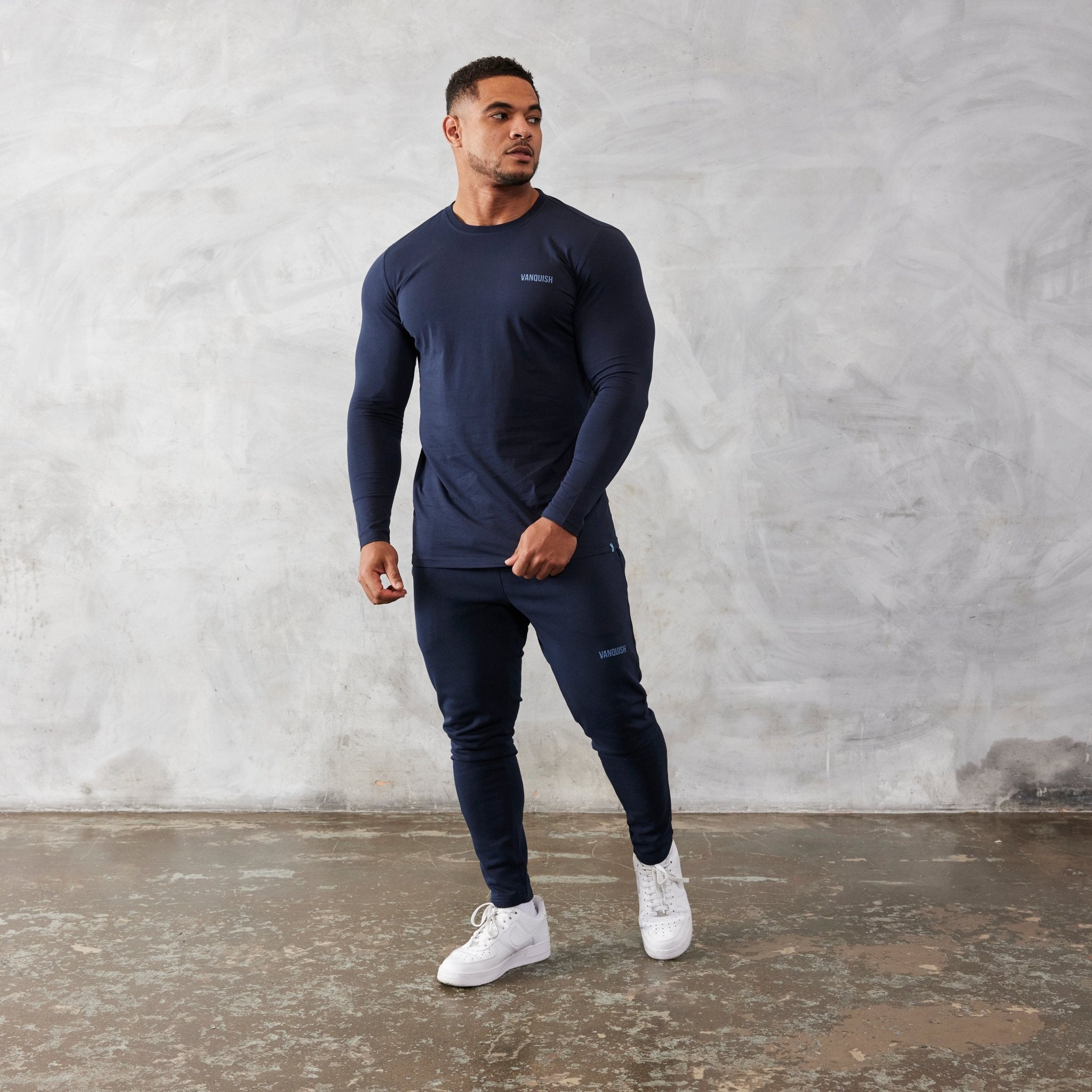 Vanquish Essential Navy Blue Slim Fit Long Sleeve T Shirt - Vanquish Fitness