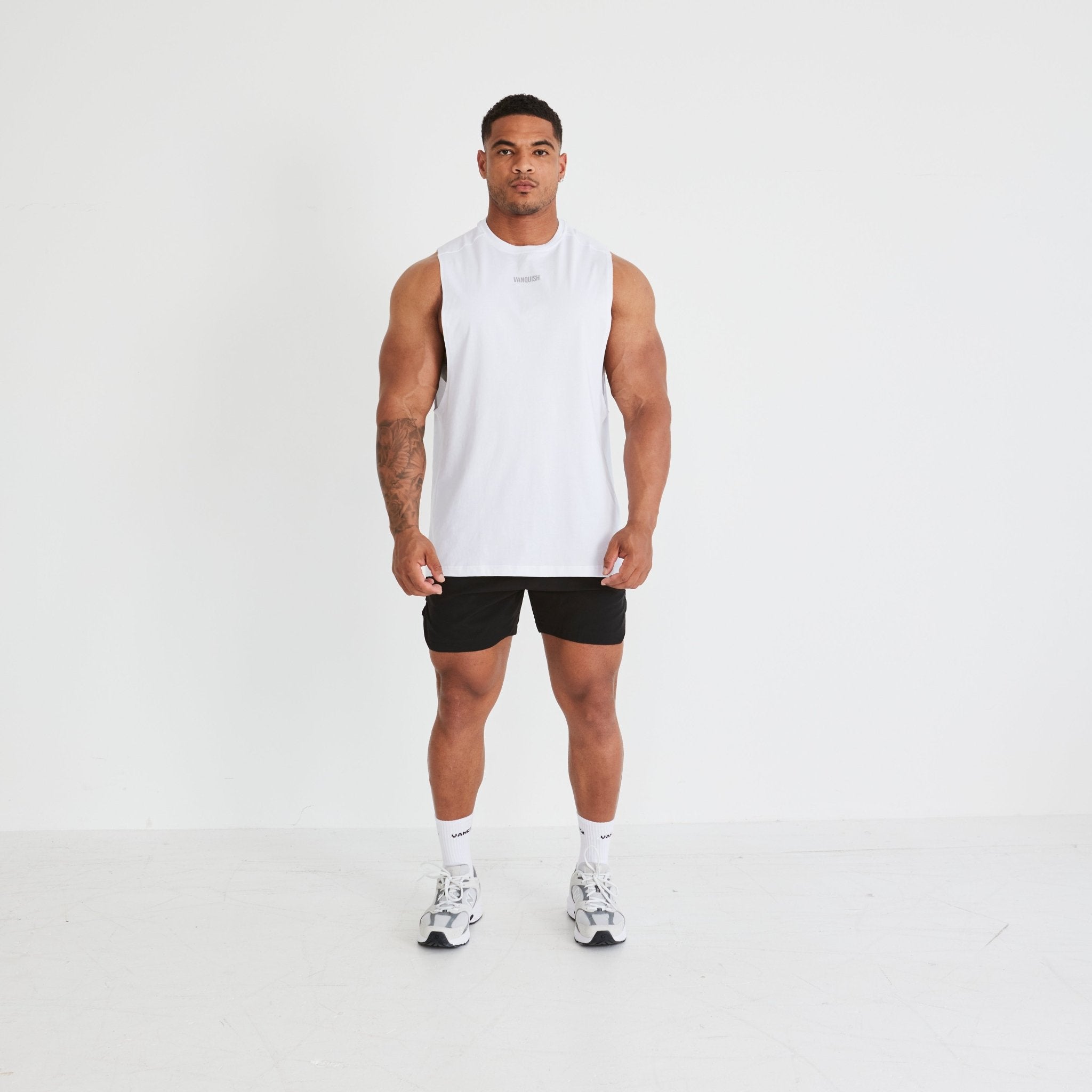 Vanquish Essential White Oversized Sleeveless T Shirt - Vanquish Fitness