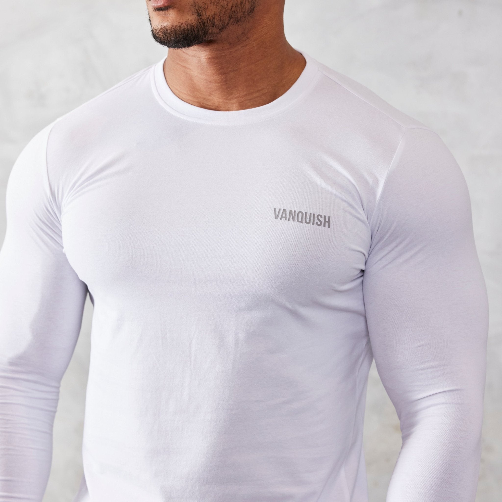 Vanquish Essential White Slim Fit Long Sleeve T Shirt - Vanquish Fitness