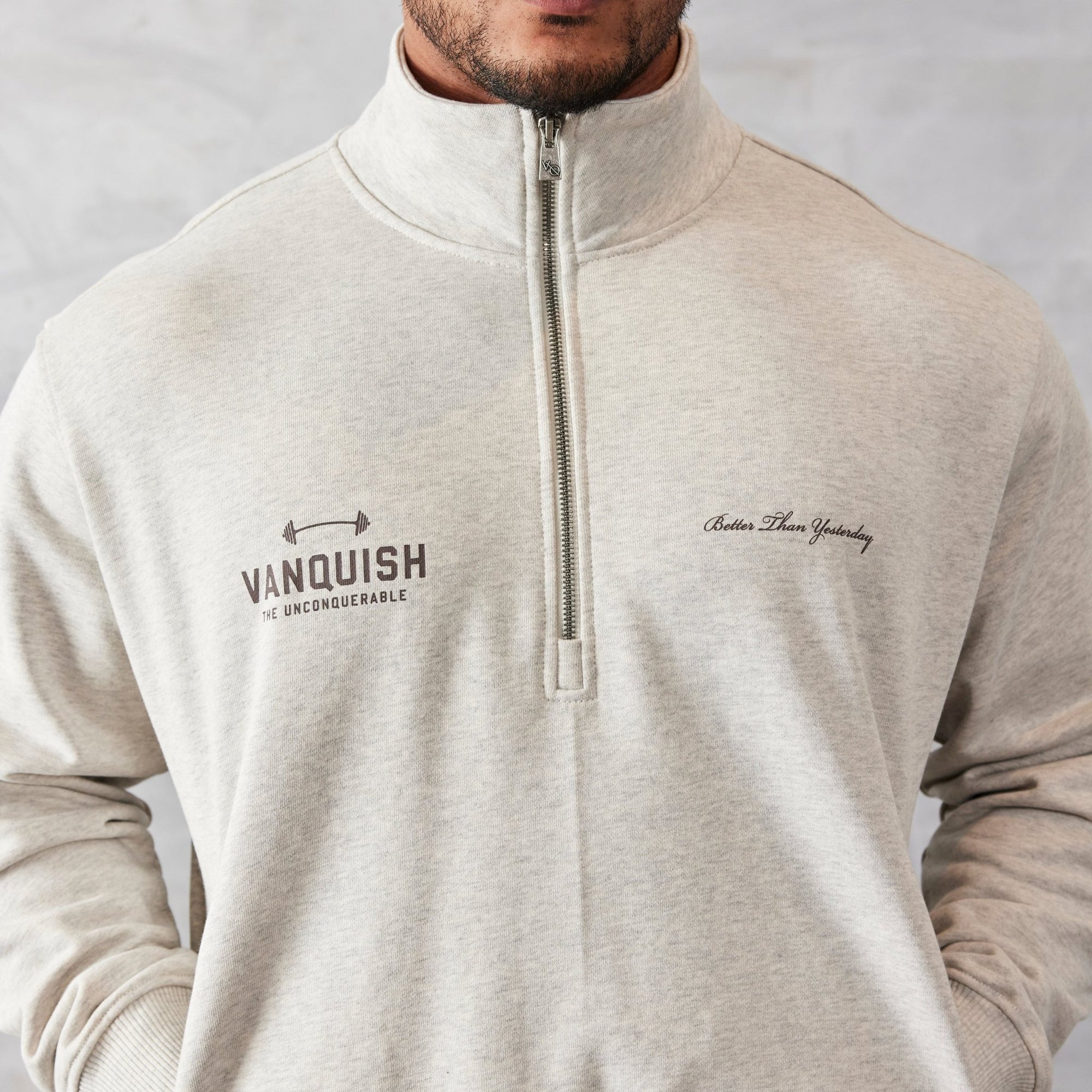 Vanquish Oat Marl Unconquerable Quarter Zip Sweater - Vanquish Fitness