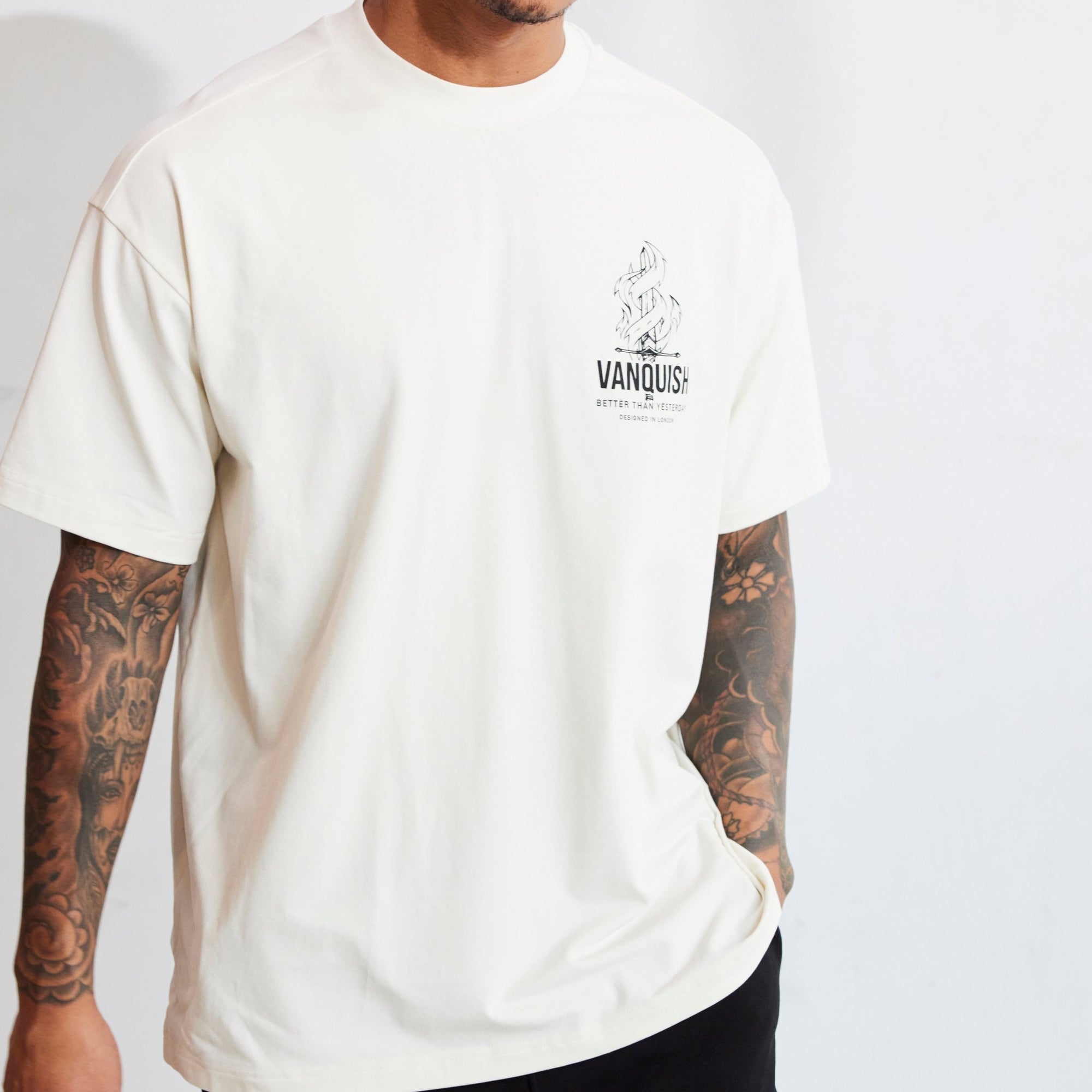 Vanquish TSP Vintage White Sword Print Oversized T Shirt - Vanquish Fitness