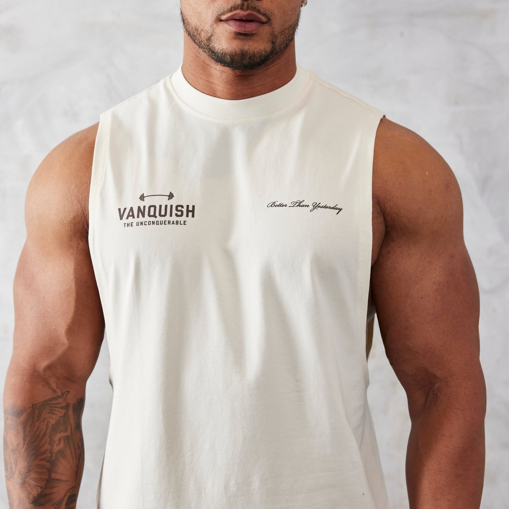 Vanquish Vintage White Unconquerable Oversized Sleeveless T Shirt - Vanquish Fitness