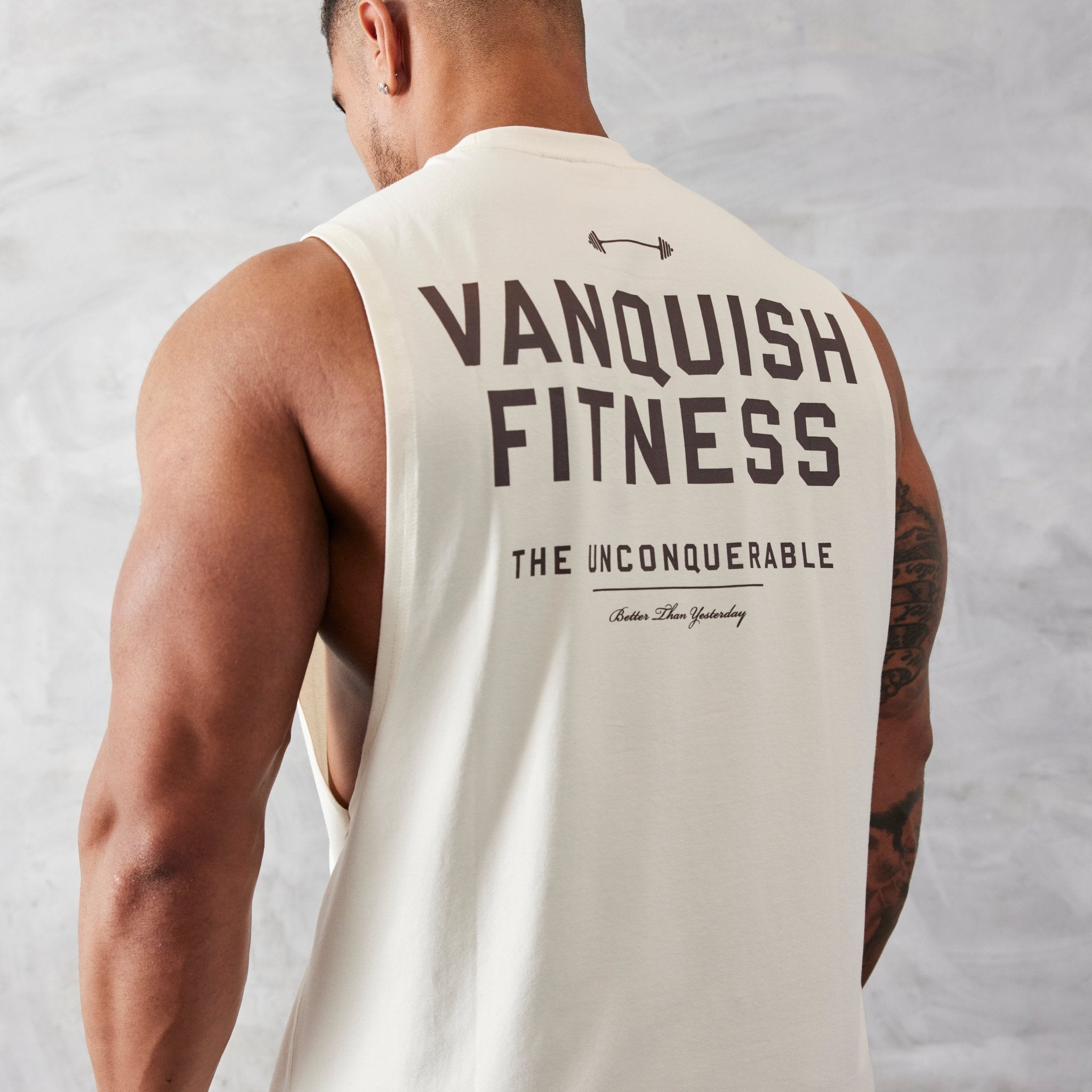 Vanquish Vintage White Unconquerable Oversized Sleeveless T Shirt - Vanquish Fitness