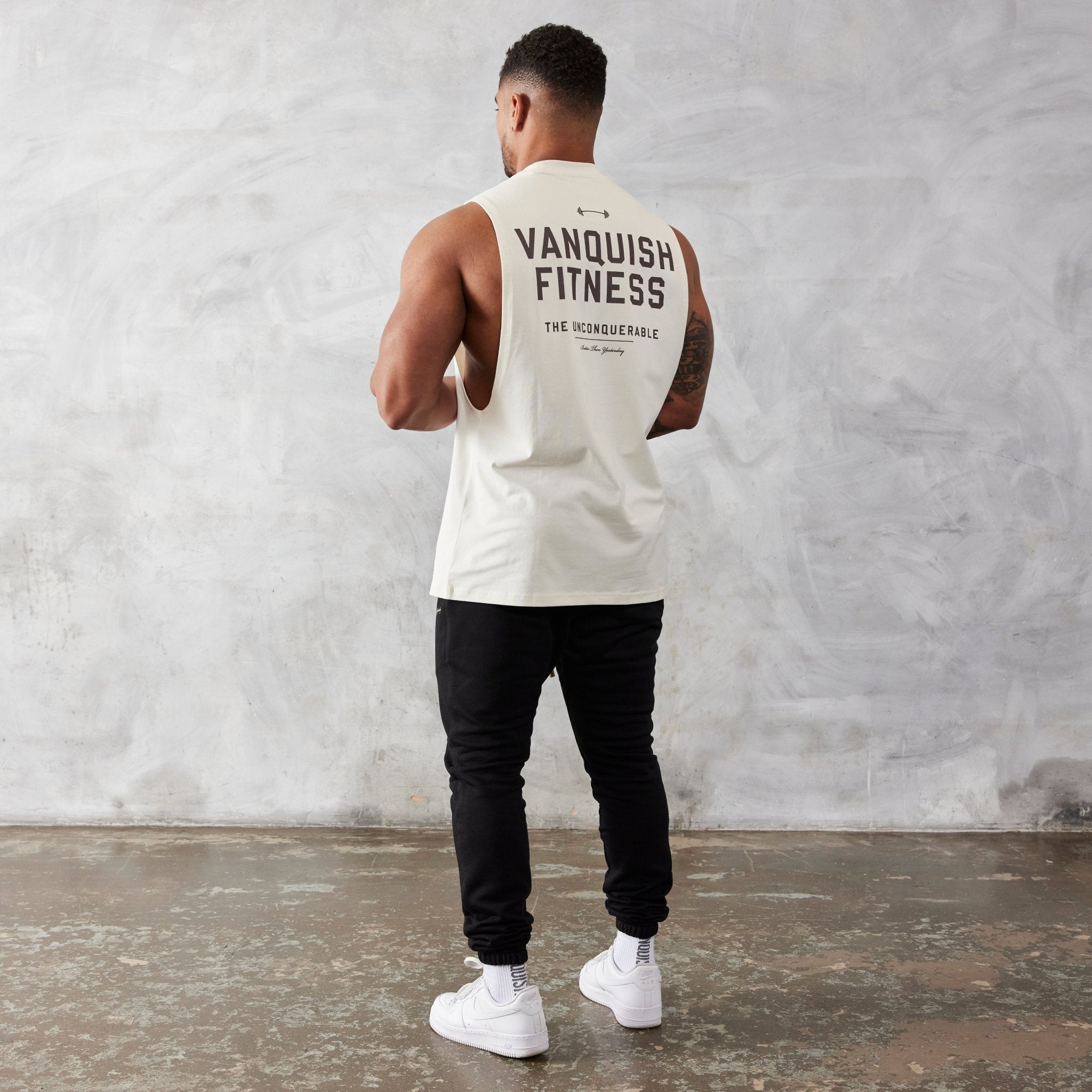 Vanquish Vintage White Unconquerable Oversized Sleeveless T Shirt - Vanquish Fitness