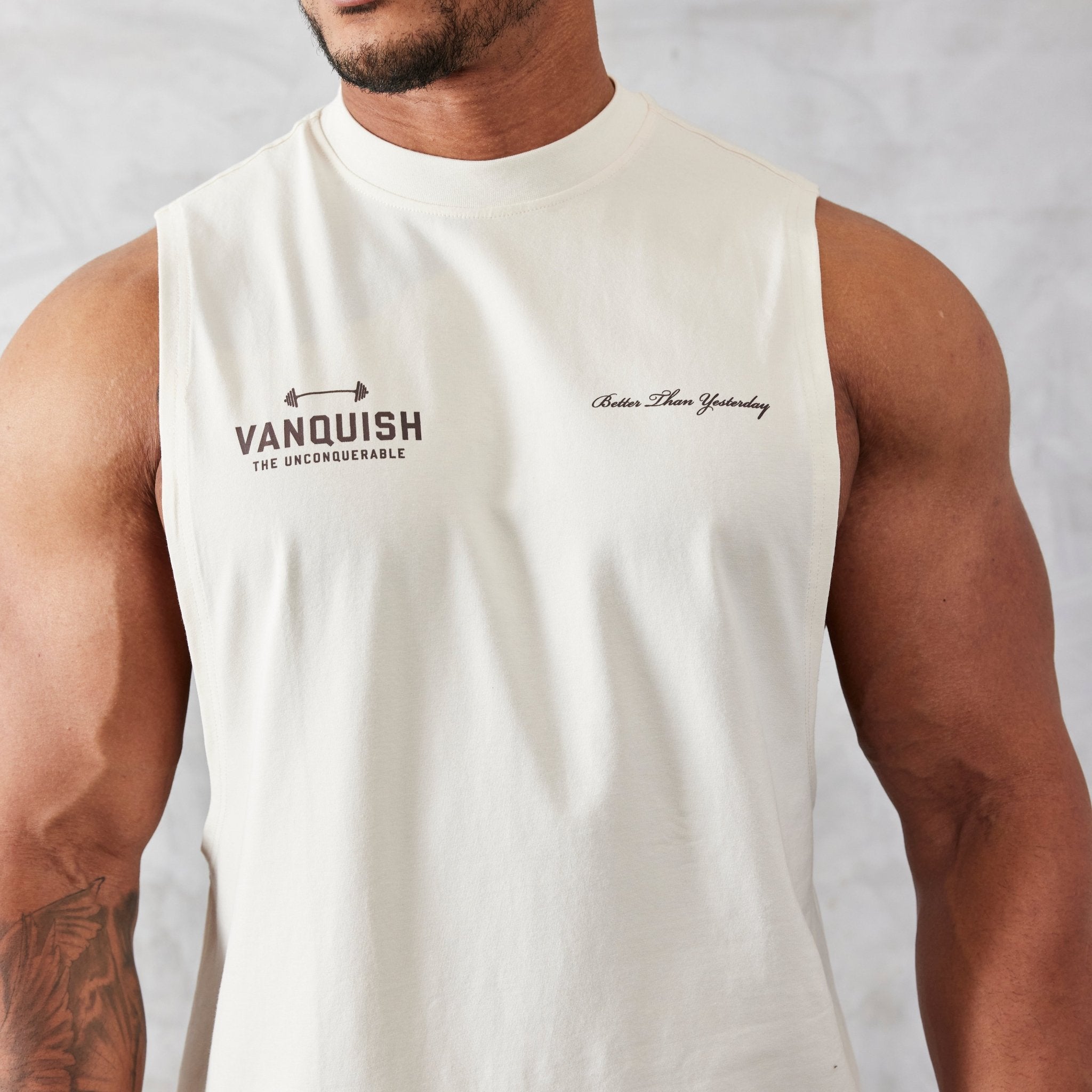 Vanquish Vintage White Unconquerable Oversized Sleeveless T Shirt - Vanquish Fitness