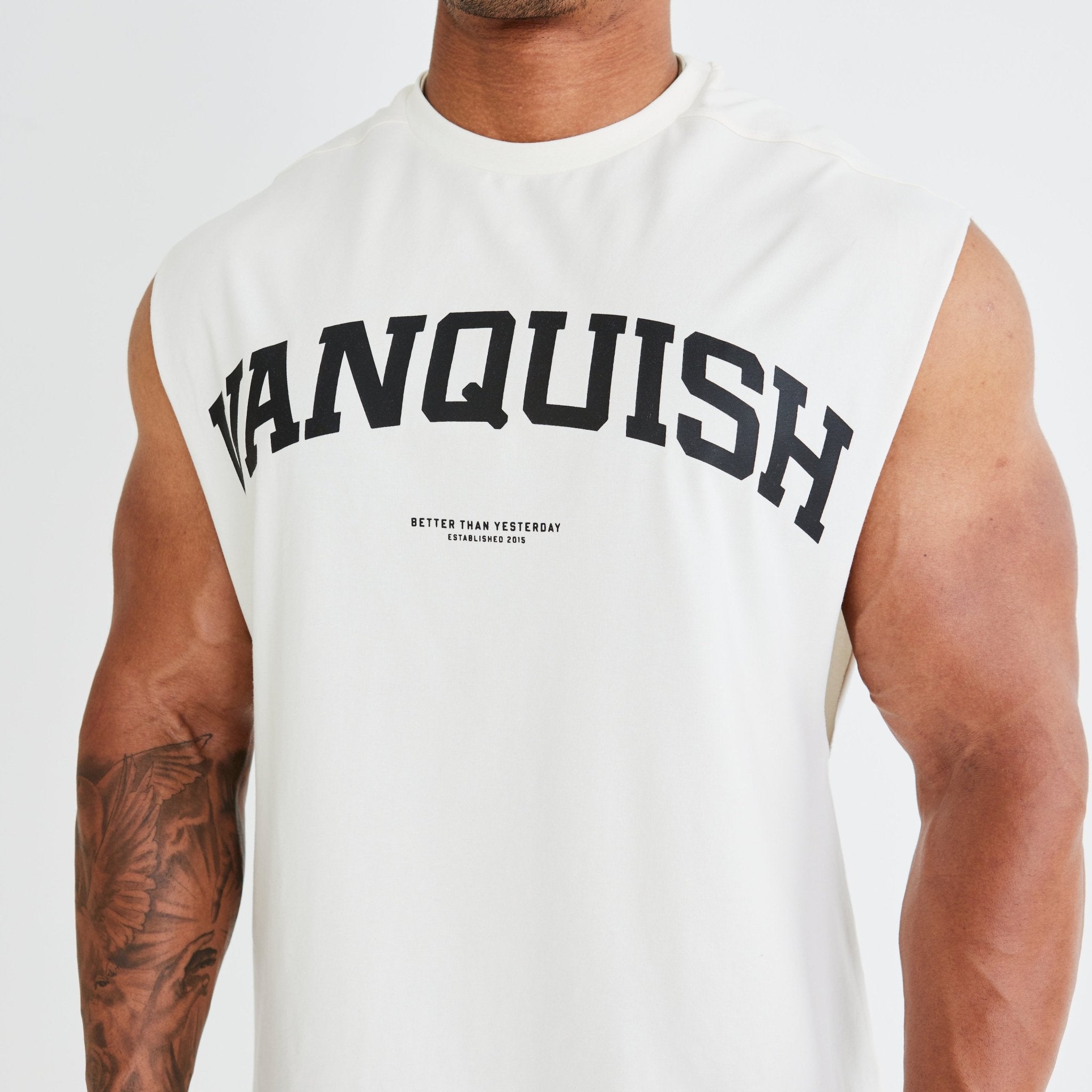 Vanquish Vintage White Varsity Oversized Sleeveless T Shirt - Vanquish Fitness