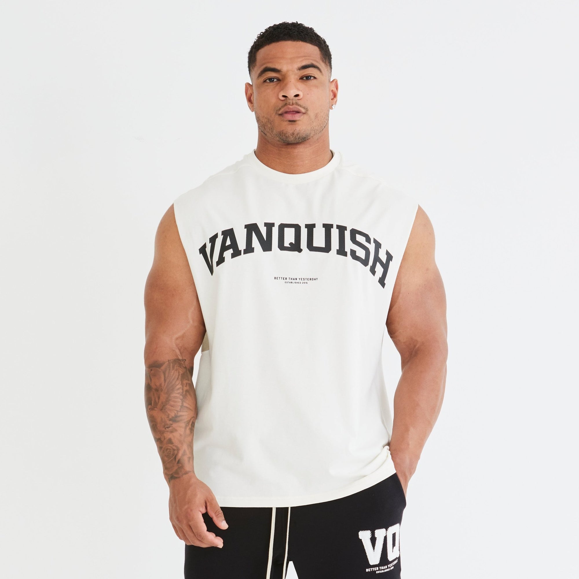 Vanquish Vintage White Varsity Oversized Sleeveless T Shirt - Vanquish Fitness