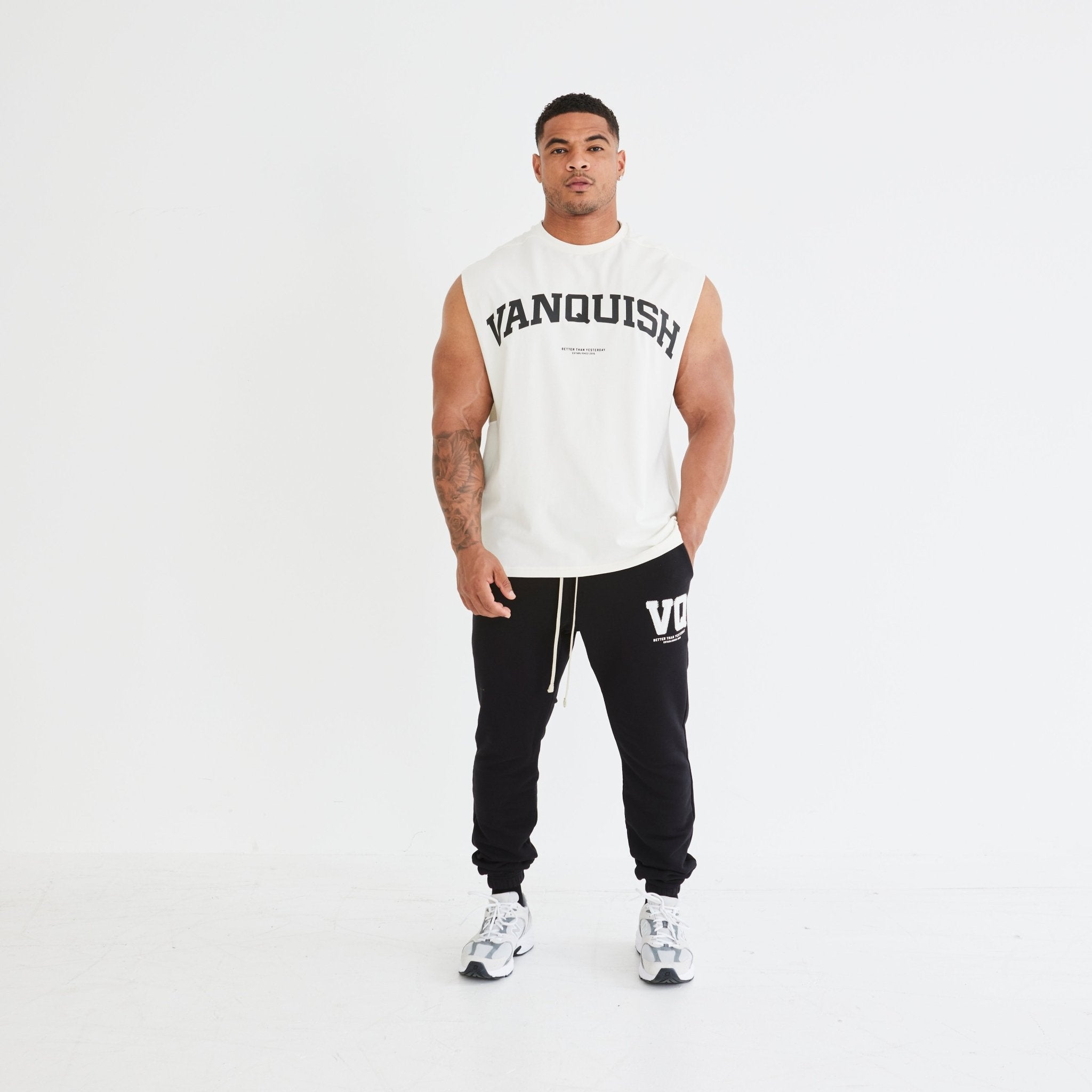 Vanquish Vintage White Varsity Oversized Sleeveless T Shirt - Vanquish Fitness