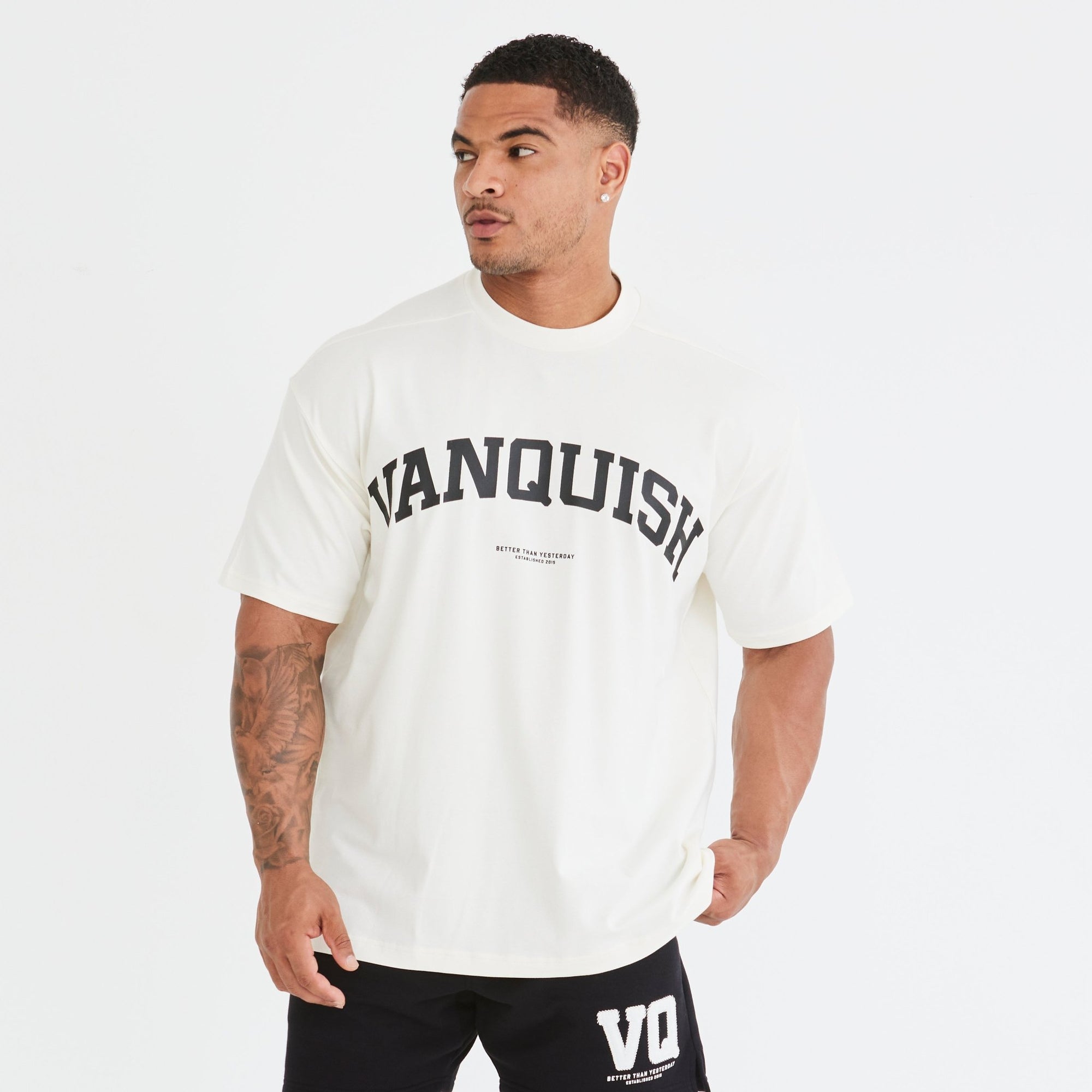 Vanquish Vintage White Varsity Oversized T Shirt - Vanquish Fitness