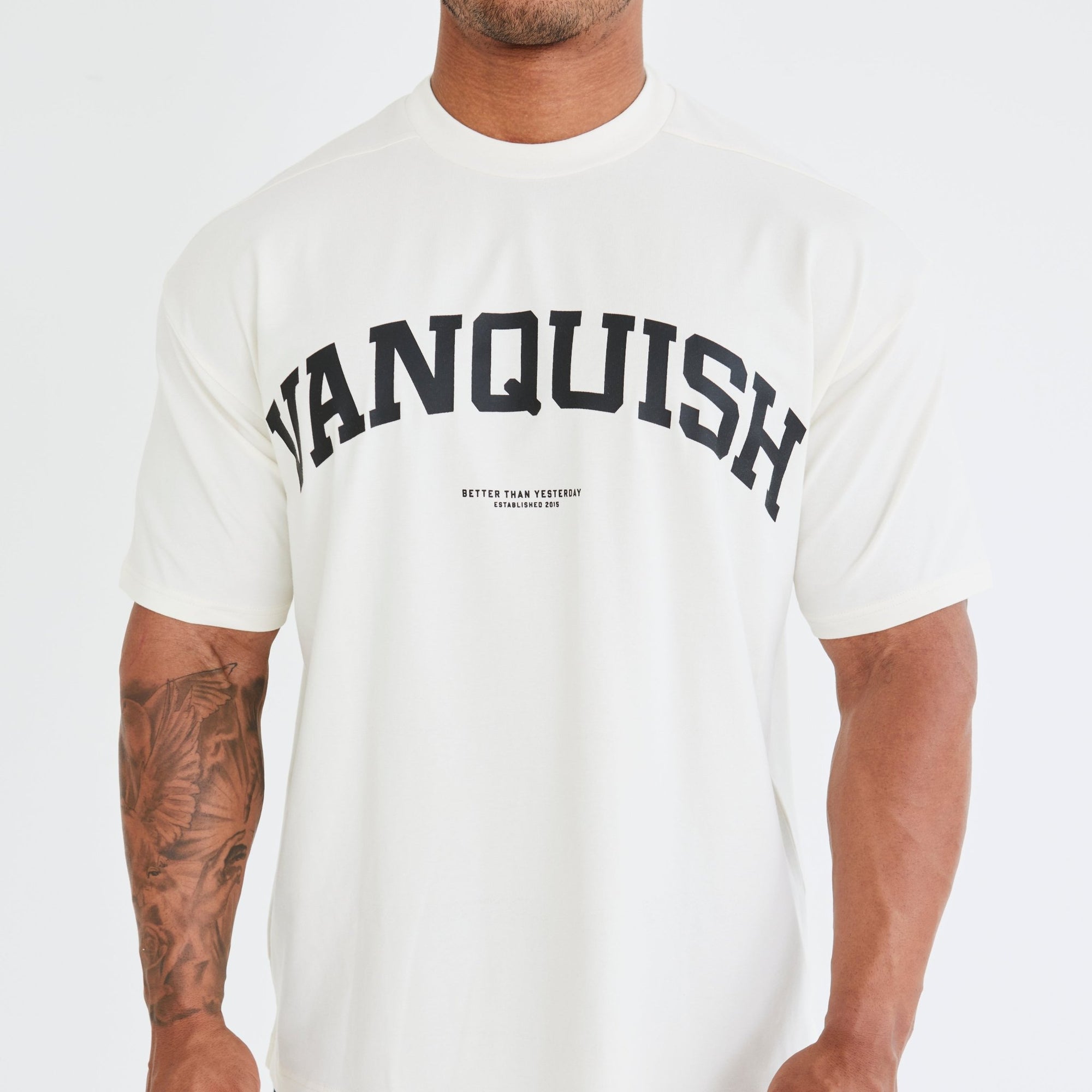 Vanquish Vintage White Varsity Oversized T Shirt - Vanquish Fitness