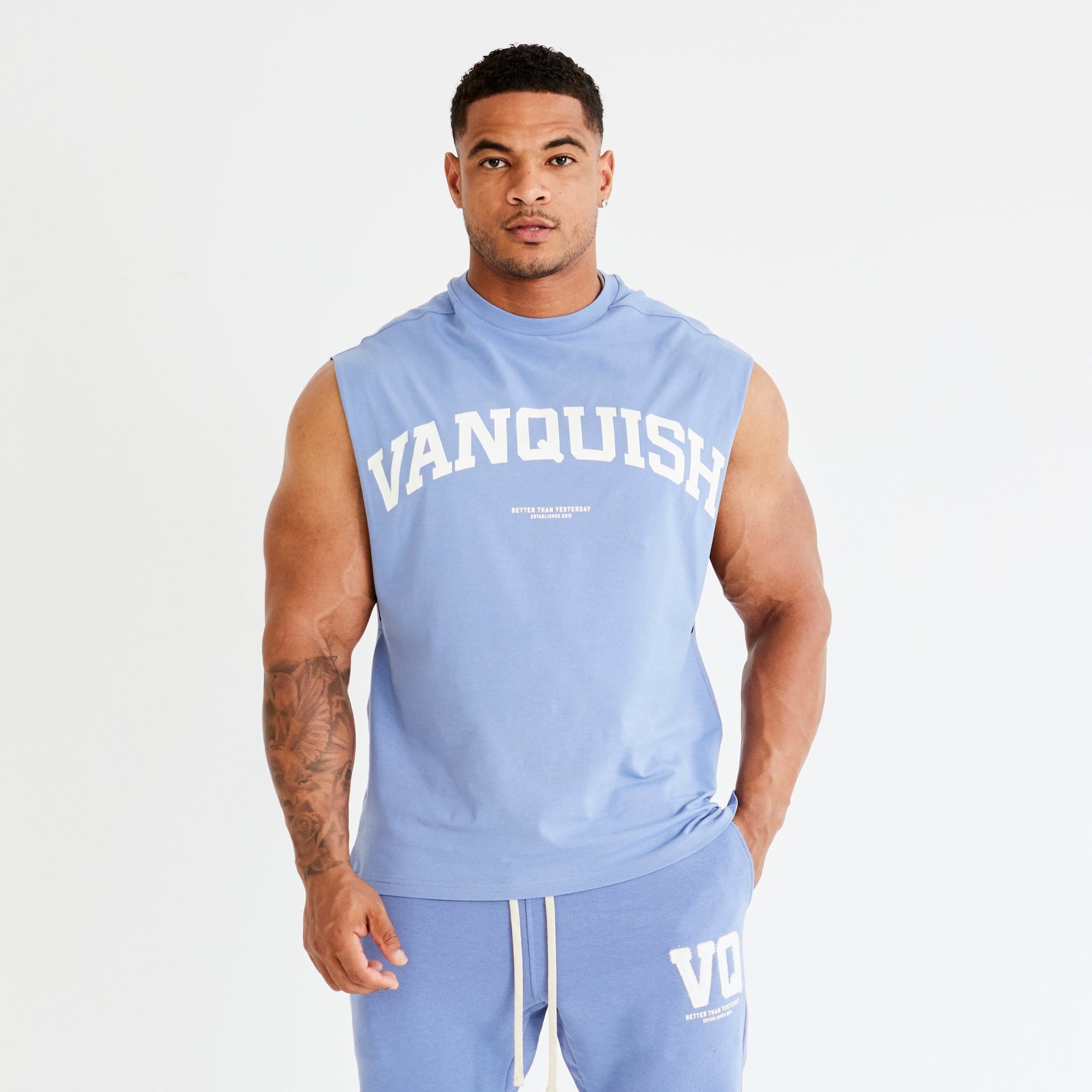Vanquish Washed Blue Varsity Oversized Sleeveless T Shirt - Vanquish Fitness