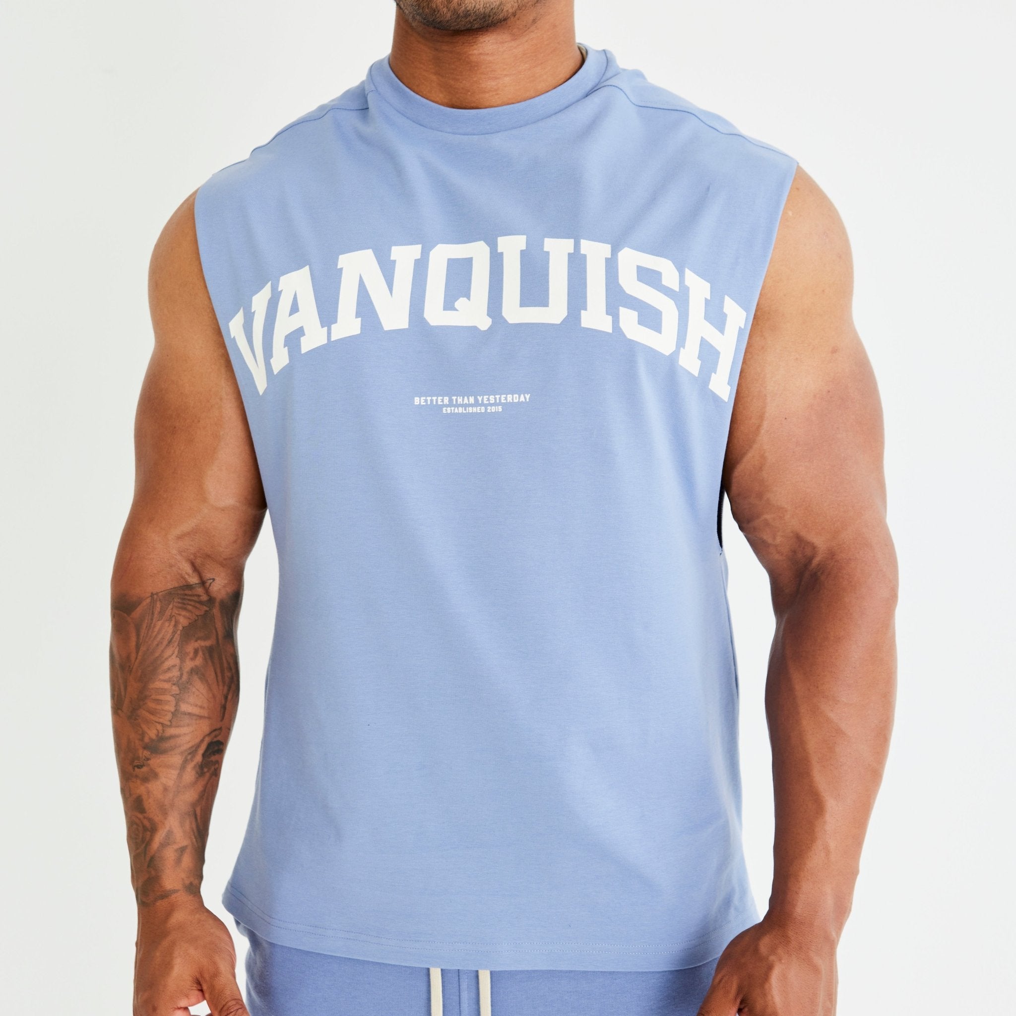 Vanquish Washed Blue Varsity Oversized Sleeveless T Shirt - Vanquish Fitness