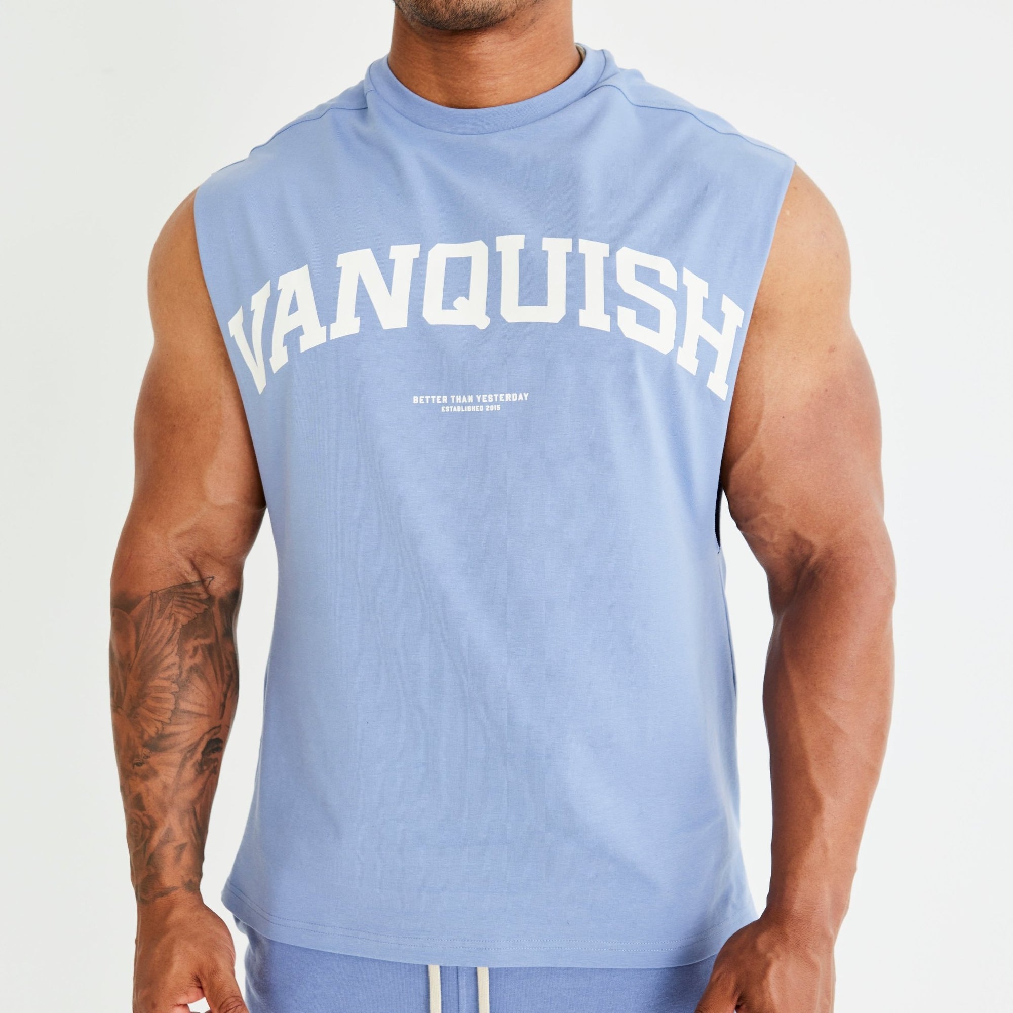 Vanquish Washed Blue Varsity Oversized Sleeveless T Shirt - Vanquish Fitness
